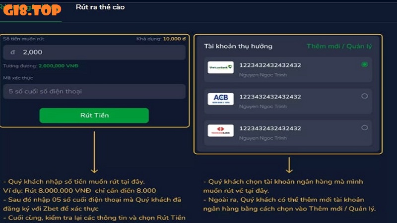 Hướng dẫn rút tiền nhanh dễ dàng Gi8